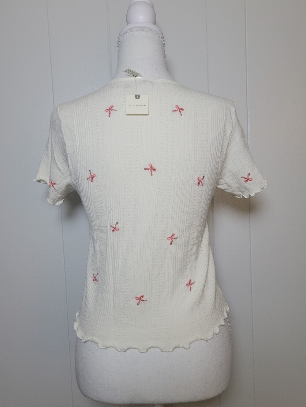 NWT Anthropologie Pointelle Babydoll T Shirt Dainty Embroidered Floral Crop L/XL - Picture 8 of 12